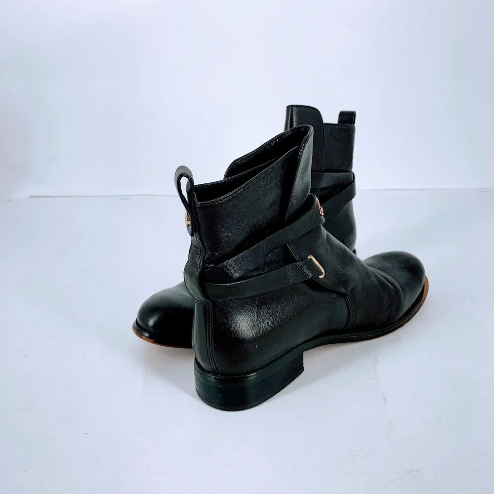 Michael Kors Womens Darcy Leather Gold Buckle Moto Ankle Boots Logo Plate SZ 8.5